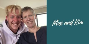 Moss and his mum Kim smiling into the camera