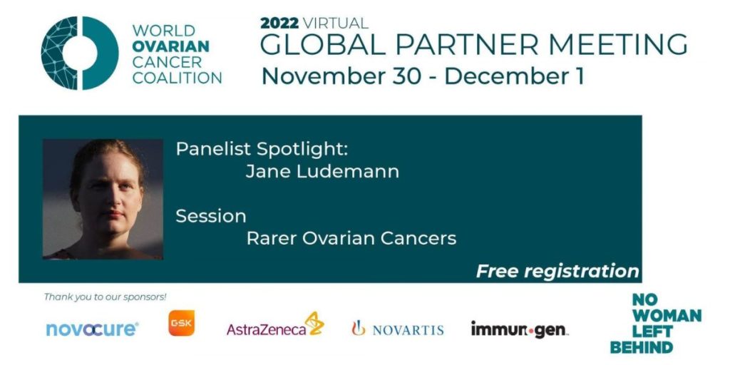 Event poster promoting a global meeting to discuss rare ovarian cancers with Jane Ludemann promoted as a panelist